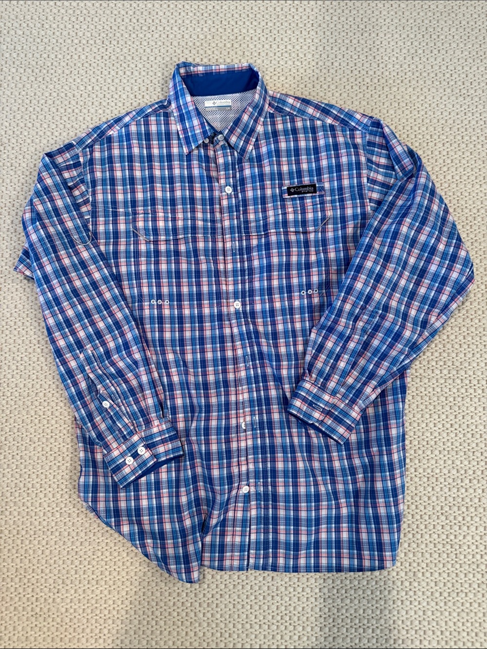 Columbia Men’s Blue and Pink Plaid Button-Down Shirt